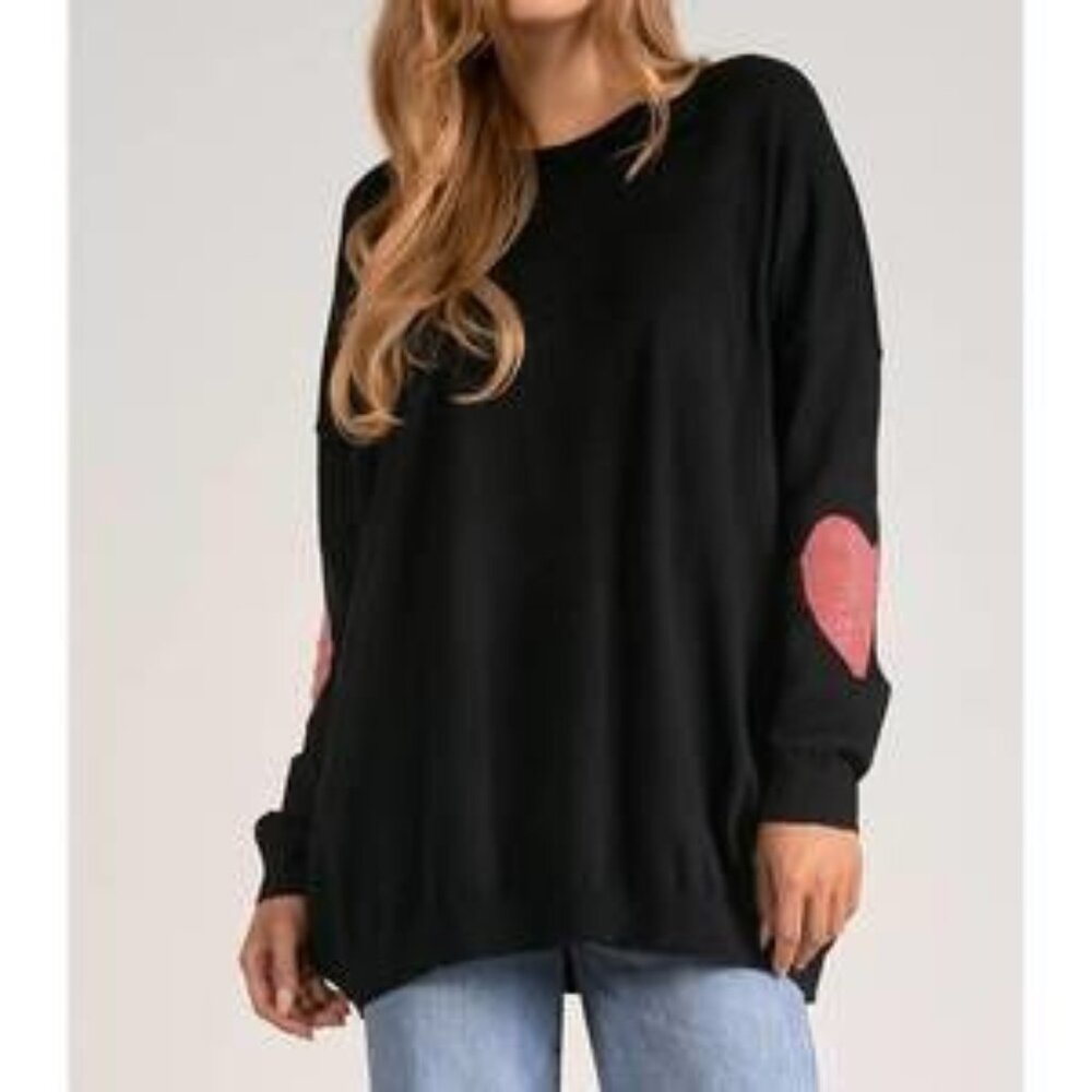 Elan Black Sweater with Red Heart Elbow Patches o/s